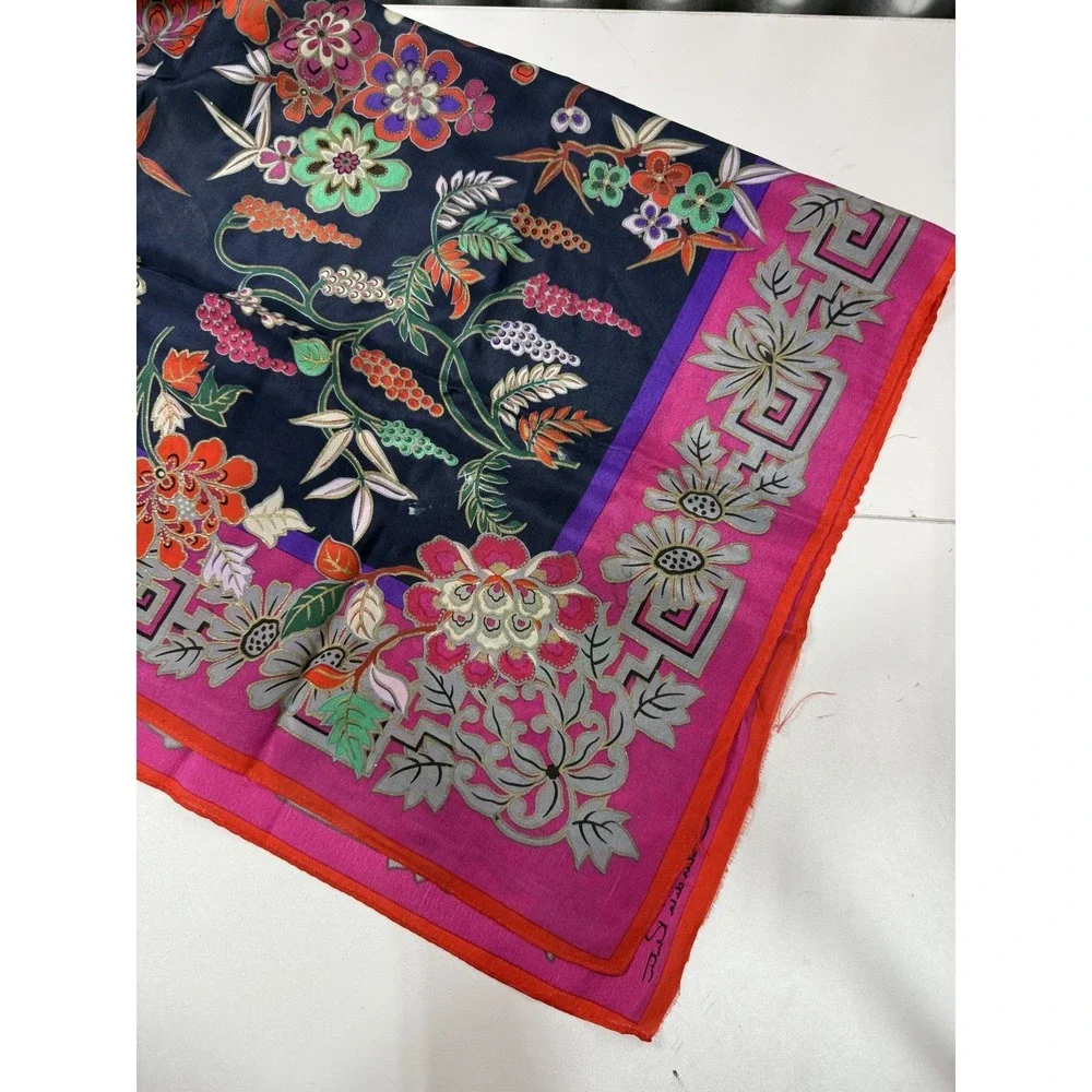 VTG Oscar de La Renta Silk Scarf Floral Pink Fuchsia Navy Blue Square 35